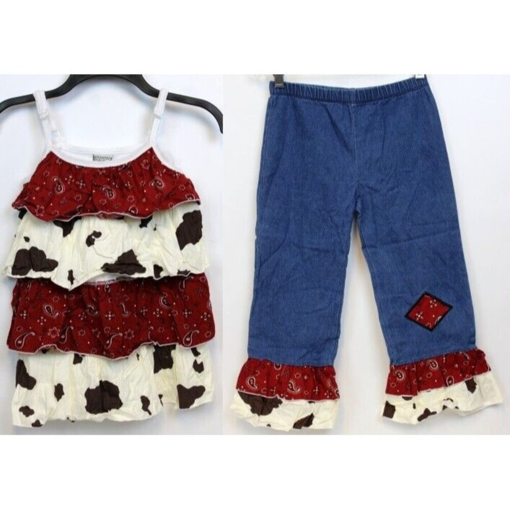 Ann Loren by JE Designs Girls 2pc Set sz 9/10 Western Ruffle Layer Cow Bandana